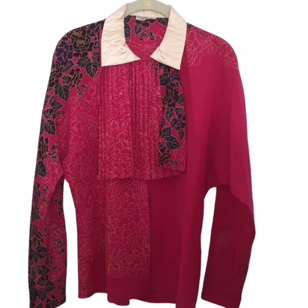 Vtg 90s Gianni Versace Silk Floral Bib Front Blouse Satin Collar Made in Italy